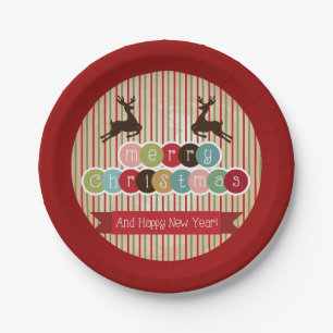 Assiettes En Carton Retro Reindeer Joyeux Noël Bonne année