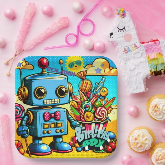 Assiettes En Carton Retro Robot Birthday Boy personnalisable (Fête)