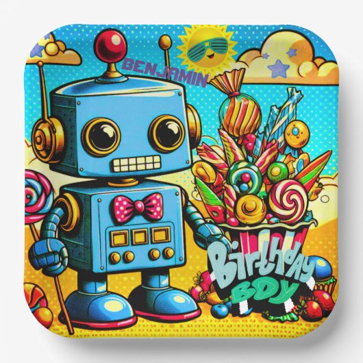 Assiettes En Carton Retro Robot Birthday Boy personnalisable (Recto)