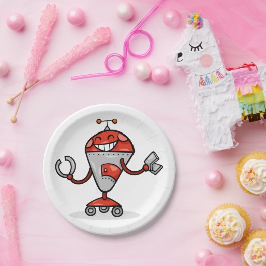 Assiettes En Carton Retro Robot Cartoon amusant Rouge et Argent AI Bot (Fête)