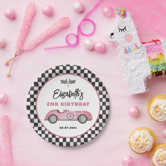 Assiettes En Carton Retro Rose Race Car Deux Fille Rapide Anniversaire (Fête)