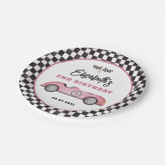 Assiettes En Carton Retro Rose Race Car Deux Fille Rapide Anniversaire (Angle)