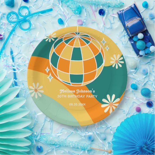 Assiettes En Carton Retro Super Wave Disco Ball Daisy Orange Anniversa (Fête)