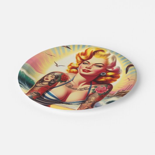 Assiettes En Carton Retro tatoué Bikini Pin-up (Angle)