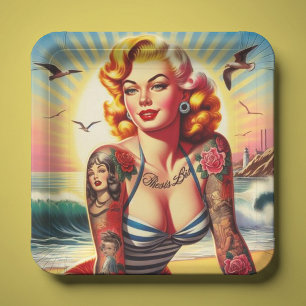 Assiettes En Carton Retro tatoué Bikini Pin-up