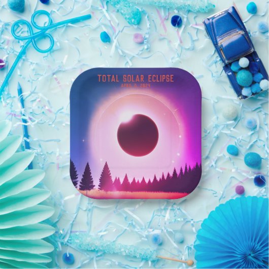 Assiettes En Carton Rétro Total éclipse solaire 8 avril 2024 paysage (Fête)