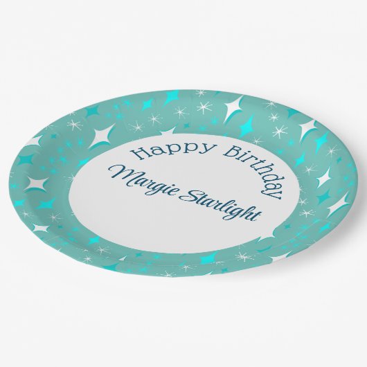 Assiettes En Carton Retro Turquoise White Atomic Stars Motif modifiabl (Angle)