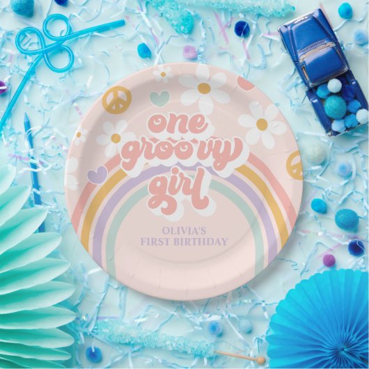 Assiettes En Carton Retro Une Super fille Arc-en-ciel 1er anniversaire (Fête)