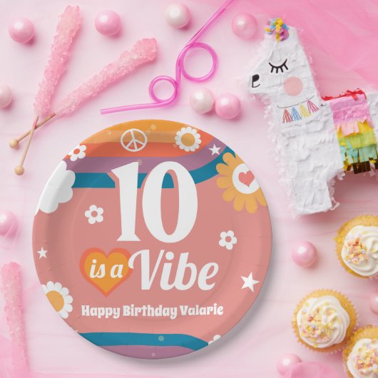 Assiettes En Carton Retro Vibe 10e anniversaire (Fête)
