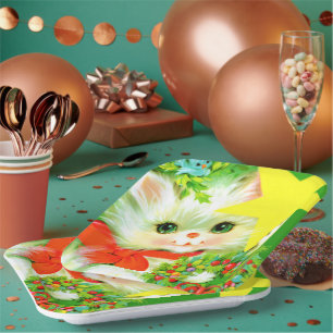 Assiettes En Carton Retro vintage Christmas cat Fête de Noël