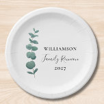 Assiettes En Carton Réunion de famille Eucalyptus moderne<br><div class="desc">Cette plaque en papier est décorée d'un élégant eucalyptus aquarelle avec une élégante typographie. Facile à personnaliser. Utilisez l'outil de conception pour modifier la taille, le style ou la couleur du texte. Parce que nous créons notre oeuvre, vous ne trouverez pas cette image exacte d'autres designers. Aquarelle originale © Michele...</div>