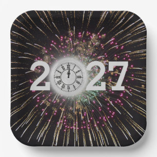 Assiettes En Carton Réveillon du Nouvel An 2027 Lune et Horloge