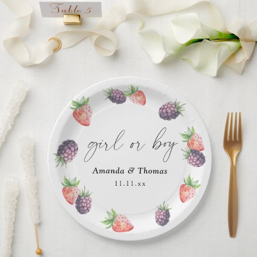 Assiettes En Carton Révélation de genre Berries. Fille ou garçon (Mariage)