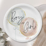 Assiettes En Carton Révélation de genre des ballons rose et bleu<br><div class="desc">Dévoilez la surprise : Élever votre sexe révèle le baby shower avec les invitations de ballons rose et bleu et collection de décors. Orné de polices de caractères fantaisistes et de délicates taches d'or, les invitations enchanteresses, la signalisation et le décor préparent le décor à une fête magique. Laissez l'anticipation...</div>