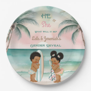 Assiettes En Carton Révélation du sexe de bébé de plage tropicale Blus