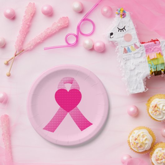 Assiettes En Carton Ribbon Coeur rose Sensibilisation au cancer du sei (Fête)