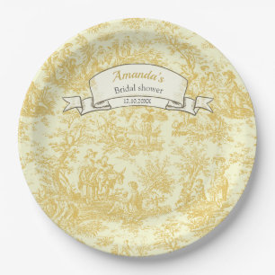 Assiettes En Carton Rideau de douche toile de Jouy vintage fleurs jaun