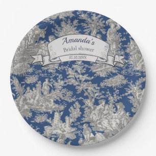 Assiettes En Carton Rideau de douche vintage toile de Jouy bleu foncé