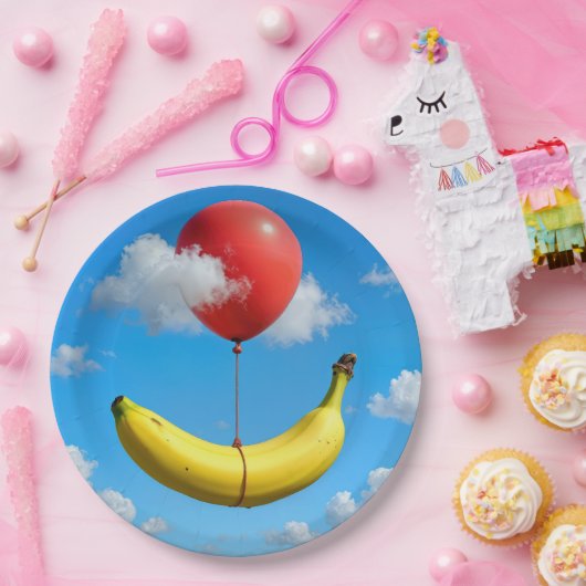 Assiettes En Carton Ripe Banana Floating In Sky with Red Balloon (Fête)