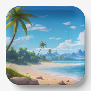 Assiettes En Carton Rivage de plage sablonneuse d'île océanique tropic