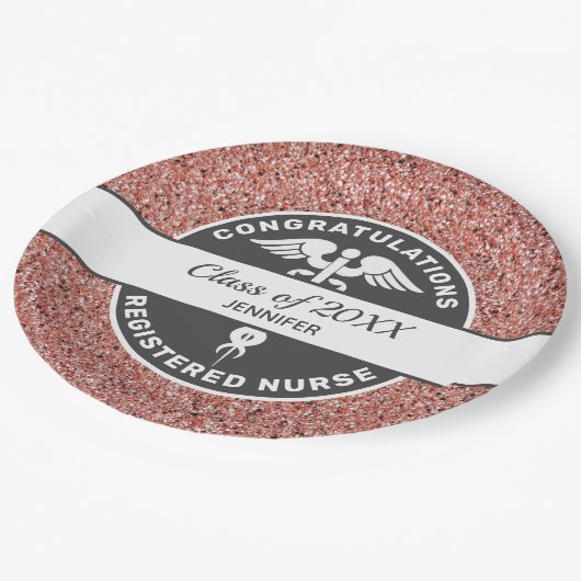 Assiettes En Carton RN Nurse Graduation Rose Parties scintillant d'or  (Angle)