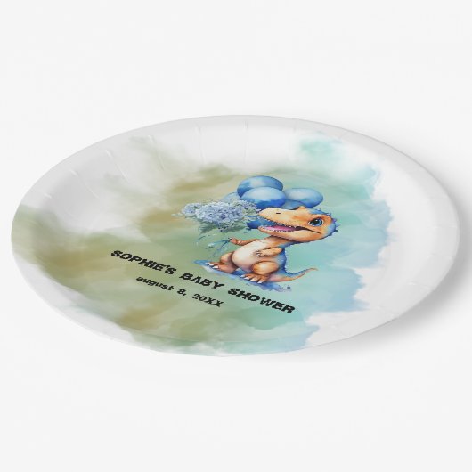 Assiettes En Carton Roar C'Est Un Garçon T-Rex Baby shower Dinosaure (Angle)