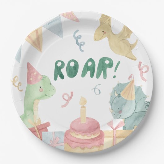 Assiettes En Carton Roar Dinosoar Plaques d'anniversaire Dino fête d'a (Devant)