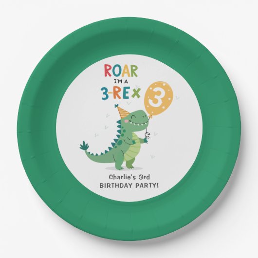 Assiettes En Carton Roar Je suis un 3-Rex Enfants Troisième fête d'ann (Devant)