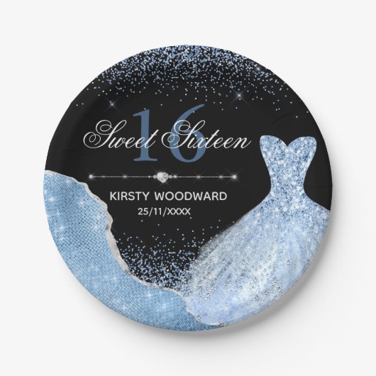 Assiettes En Carton Robe bleu clair Aquarelle Douce 16 Anniversaire (Devant)