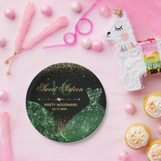 Assiettes En Carton Robe d'aquarelle vert foncé et glam Wave Sweet 16 (Fête)