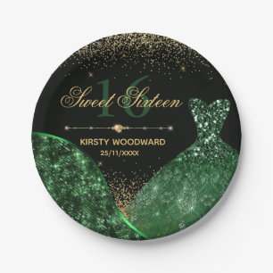 Assiettes En Carton Robe d'aquarelle vert foncé et glam Wave Sweet 16