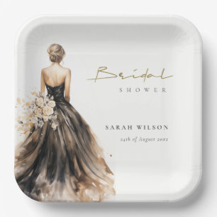 Assiettes En Carton Robe de mariée aquarelle Black Blush Shower de mar