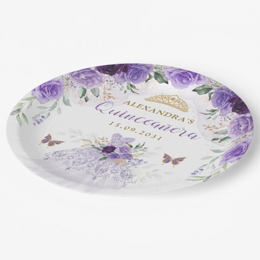 Assiettes En Carton Robe de Quinceanera d'or pourpre Papillons d'anniv (Angle)