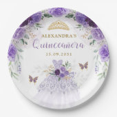 Assiettes En Carton Robe de Quinceanera d'or pourpre Papillons d'anniv (Devant)
