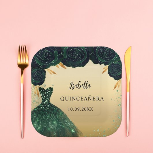 Assiettes En Carton Robe en or vert émeraude Quinceanera