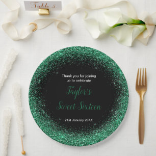 Assiettes En Carton Robe Vert foncé Faux Parties scintillant Douce 16