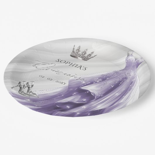 Assiettes En Carton Robe violette argentée Princesse Quinceañera (Angle)