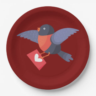 Assiettes En Carton Robin Bird volant avec lettre d'amour à cœur rouge