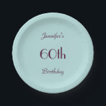 Assiettes En Carton Robin's Oeuf Blue Paper Plates 60th Birthday Party<br><div class="desc">Un arrière - plan bleu oeuf de robin orne cette plaque de papier unique et amusante. Le texte est violet profond. Bien que la valeur par défaut indique "60e anniversaire", vous pouvez facilement modifier le texte pour le nom, le nombre d'années et l'événement. Très féminine et féminine ! La serviette...</div>