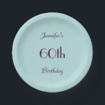 Assiettes En Carton Robin's Oeuf Blue Paper Plates 60th Birthday Party<br><div class="desc">Un arrière - plan bleu oeuf de robin orne cette plaque de papier unique et amusante. Le texte est violet profond. Bien que la valeur par défaut indique "60e anniversaire", vous pouvez facilement modifier le texte pour le nom, le nombre d'années et l'événement. Très féminine et féminine ! La serviette...</div>