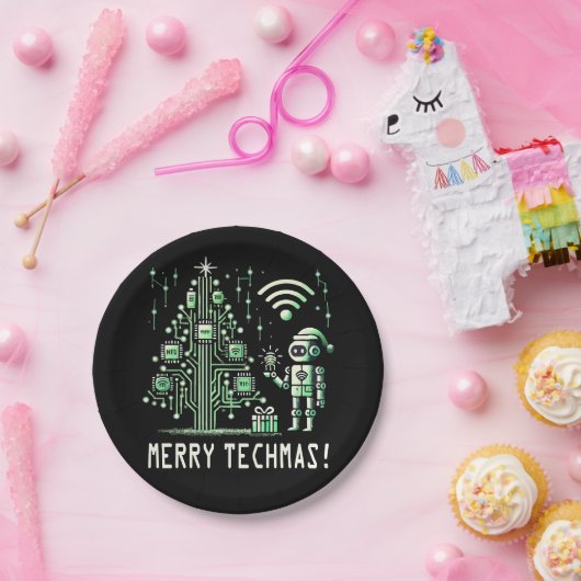 Assiettes En Carton Robot IA avec arbre de Noël Tech - Joyeux Techmas (Fête)