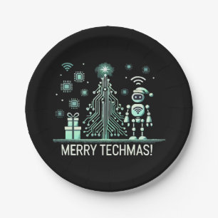 Assiettes En Carton Robot IA avec arbre de Noël Tech - Joyeux Techmas