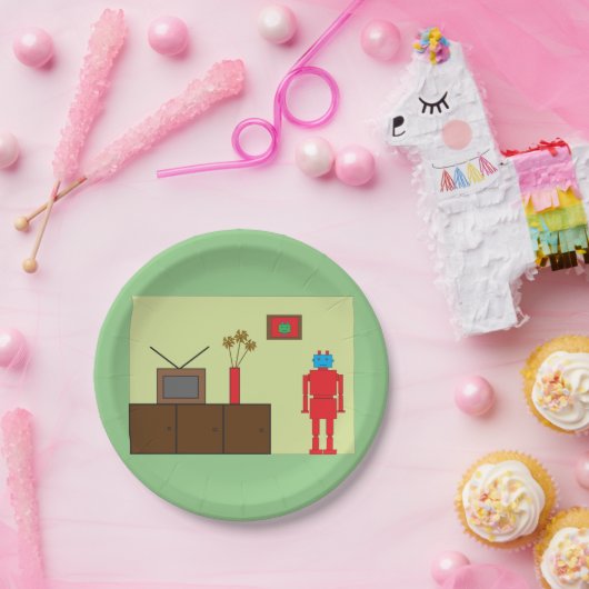 Assiettes En Carton Robot rouge rétro (Fête)