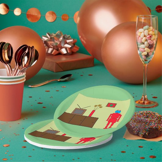 Assiettes En Carton Robot rouge rétro