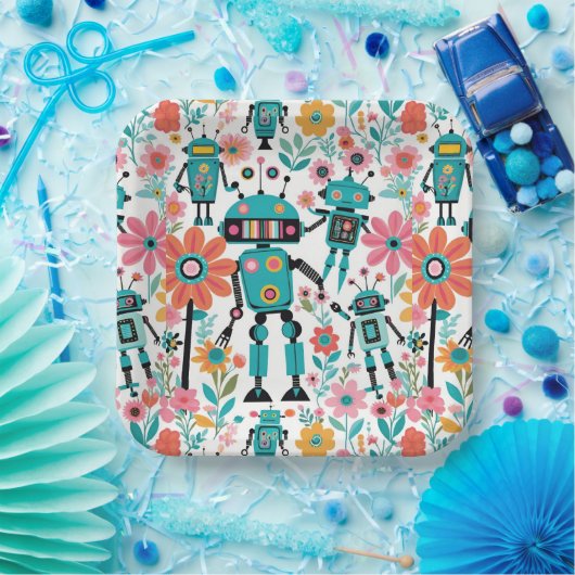 Assiettes En Carton Robots Rétro Mignons Et Fleurs Roses (Fête)