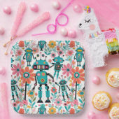 Assiettes En Carton Robots Rétro Mignons Et Fleurs Roses (Fête)