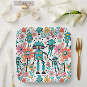 Assiettes En Carton Robots Rétro Mignons Et Fleurs Roses