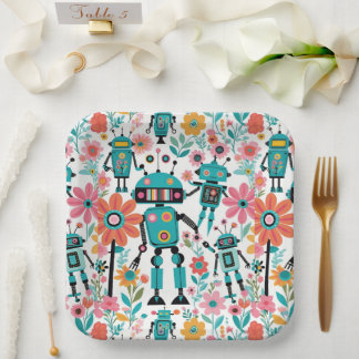 Assiettes En Carton Robots Rétro Mignons Et Fleurs Roses
