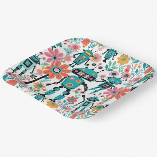 Assiettes En Carton Robots Rétro Mignons Et Fleurs Roses (Angulaire)