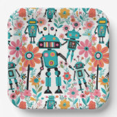Assiettes En Carton Robots Rétro Mignons Et Fleurs Roses (Recto)